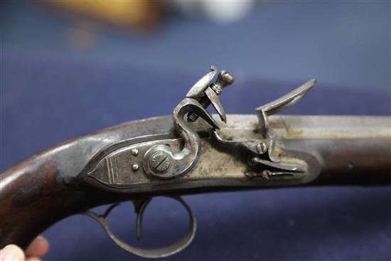 A pair of late 18th century flintlock holster pistols, 15in.